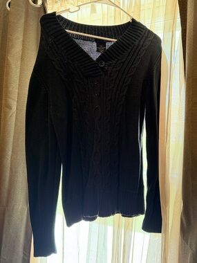 Black Cable-Knit V-Neck Button Cardigan